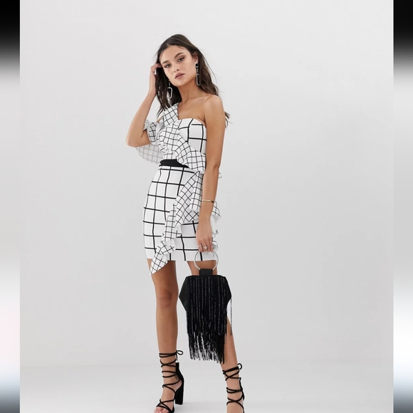 ASOS DESIGN White and Black Grid Design One Shoulder Ruffle Mini Dress, Size 2 - Picture 4 of 16
